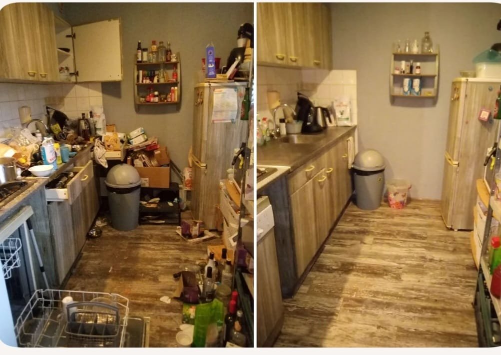 Before and after of a galley kitchen clean, showing cleared counters and organized shelving