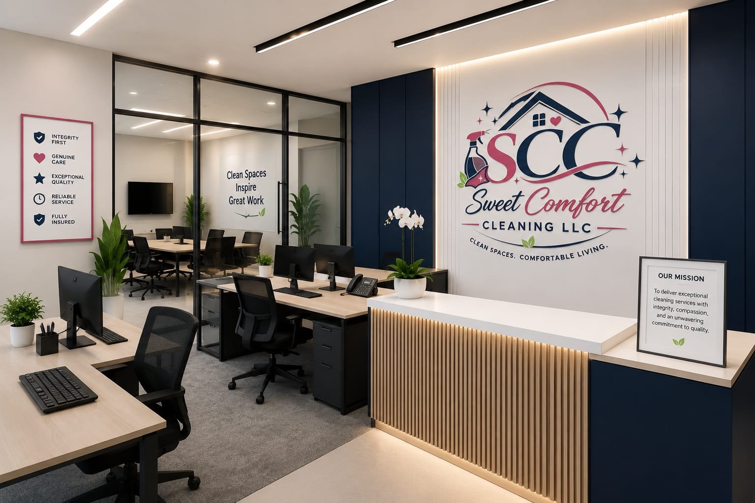 Sweet Comfort Cleaning LLC office wall displaying the company mission statement and core values