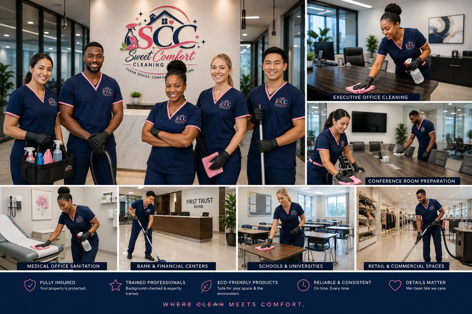 Sweet Comfort Cleaning LLC team cleaning executive offices, medical offices, banks, schools, and retail spaces across Cincinnati